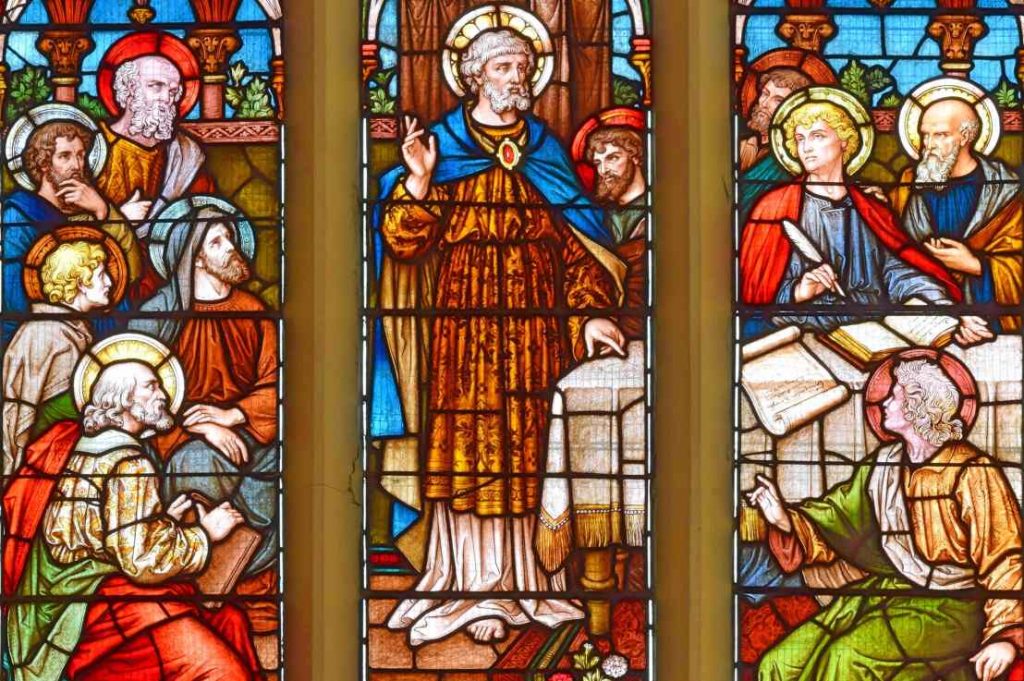 Franz Mayer, "Govor sv. Petra na saboru u Jeruzalemu", crkva sv. Petra u Cardiffu, 1882. Izvor: St. Peter's Church - Cardiff.